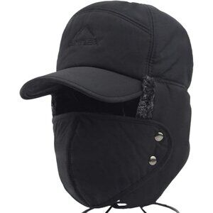Men Black 3 in 1 Thermal Fur Lined Trapper Hat with Ear Flap Full Face Cover
